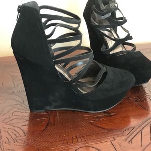 Black suede strapped wedges